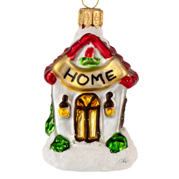 Julekugle hus med HOME skilt 6 cm Juletræspynt i glas - Hus med HOME skilt 6 cm
