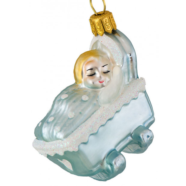 Støvblå vugge med baby julepynt
