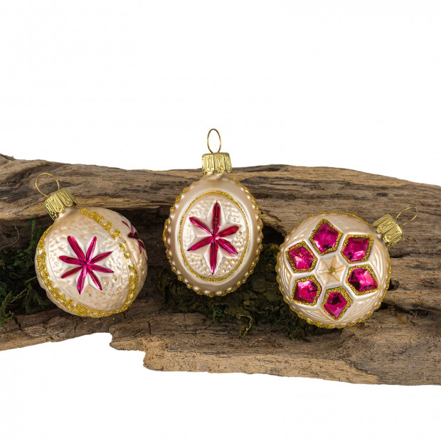 Tre mini ornamenter i gaveæske - matguld