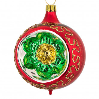 Rød julekugle med grøn blomst i reflektor 6 cm Rød julekugle med grøn blomst i reflektor 6 cm