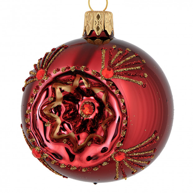 Vinrød reflektor julekugle med glassten - 6 cm