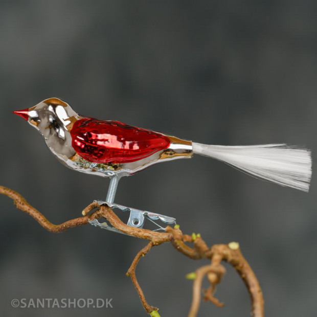 Glasfugl sølv og rød 11 cm